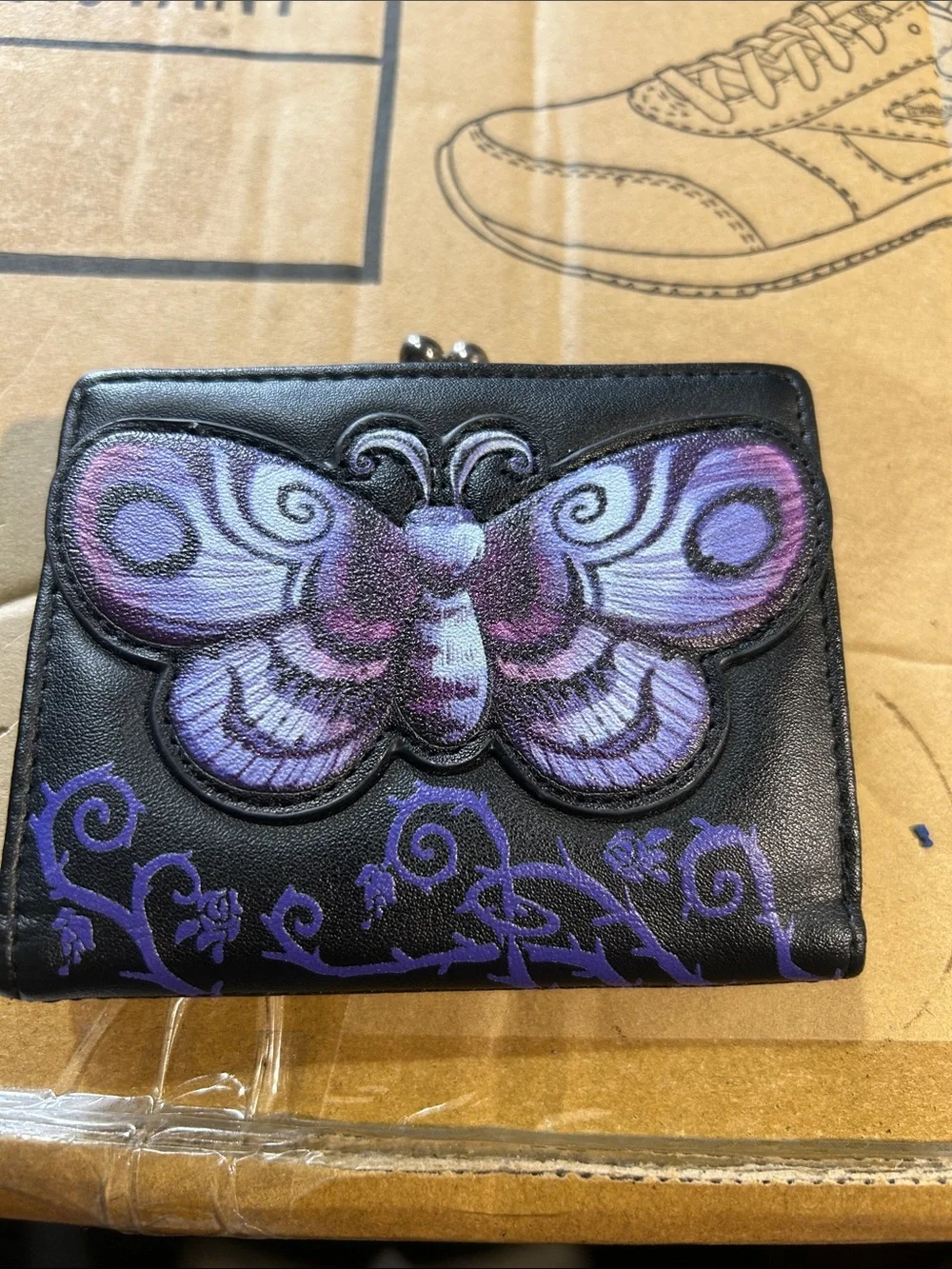 Preowned Loungefly Black Wallet with Purple Butterfly